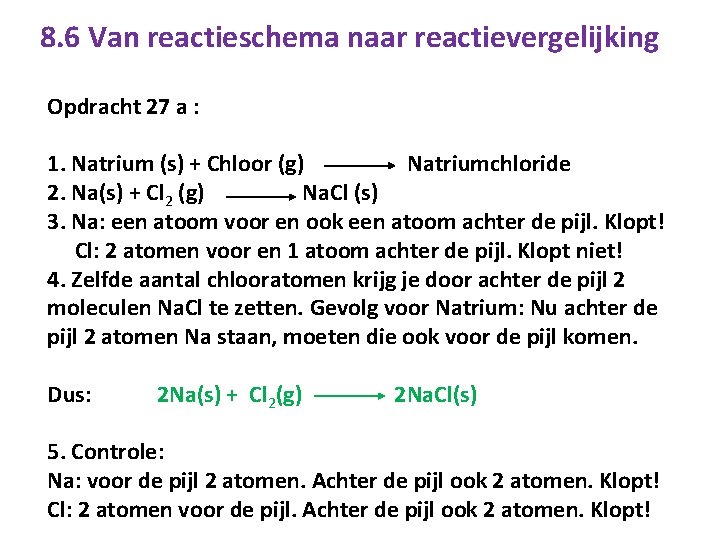 8. 6 Van reactieschema naar reactievergelijking Opdracht 27 a : 1. Natrium (s) +