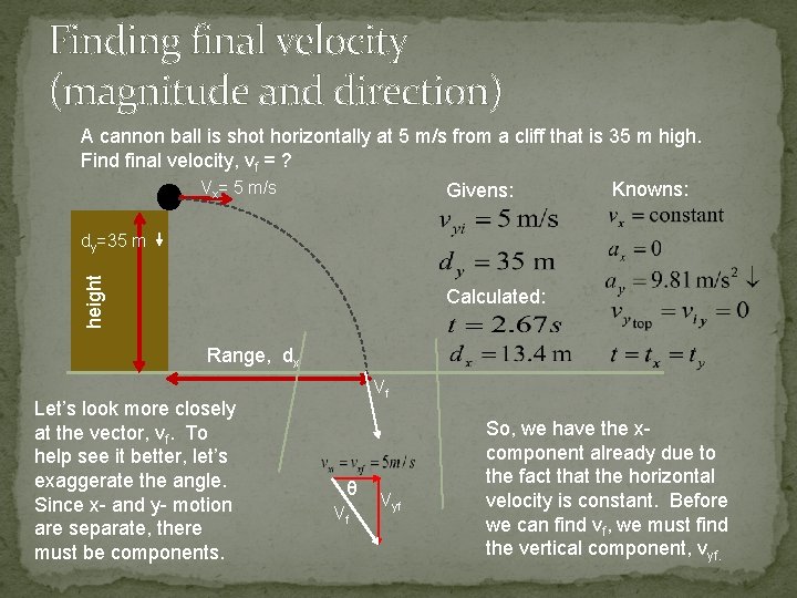 Finding final velocity (magnitude and direction) A cannon ball is shot horizontally at 5