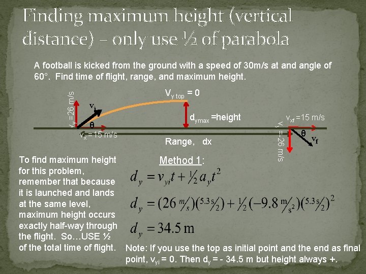 Finding maximum height (vertical distance) – only use ½ of parabola vi θ vx