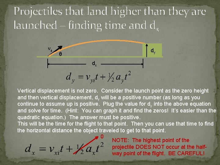 Projectiles that land higher than they are launched – finding time and dx vi