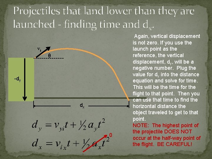 Projectiles that land lower than they are launched - finding time and dx. vi