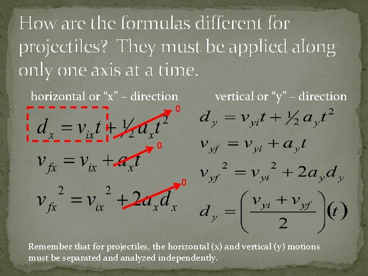 How are the formulas different for projectiles? They must be applied along only one How are the formulas different for projectiles? They must be applied along only one