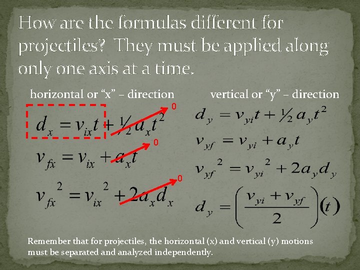 How are the formulas different for projectiles? They must be applied along only one