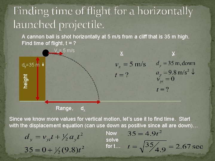 Finding time of flight for a horizontally launched projectile. A cannon ball is shot