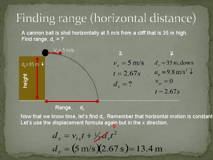 Finding range (horizontal distance) A cannon ball is shot horizontally at 5 m/s from