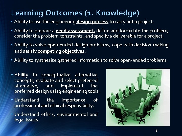 Learning Outcomes (1. Knowledge) • Ability to use the engineering design process to carry