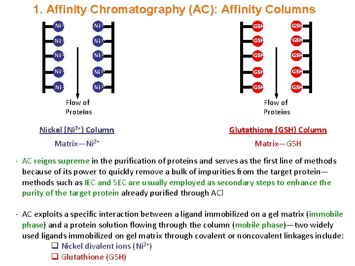 1. Affinity Chromatography (AC): Affinity Columns Ni 2+ Ni 2+ GSH GSH Ni 2+