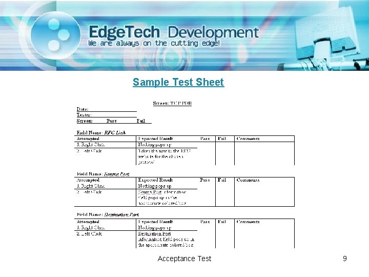 Sample Test Sheet Acceptance Test 9 