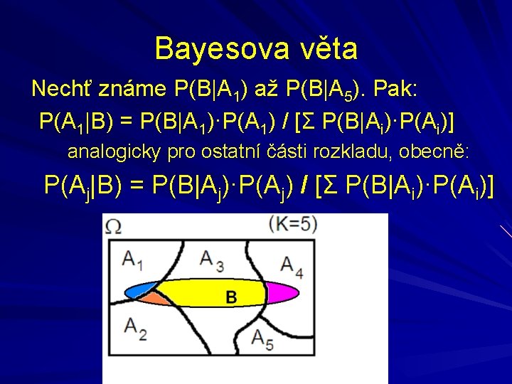 Bayesova věta Nechť známe P(B|A 1) až P(B|A 5). Pak: P(A 1|B) = P(B|A