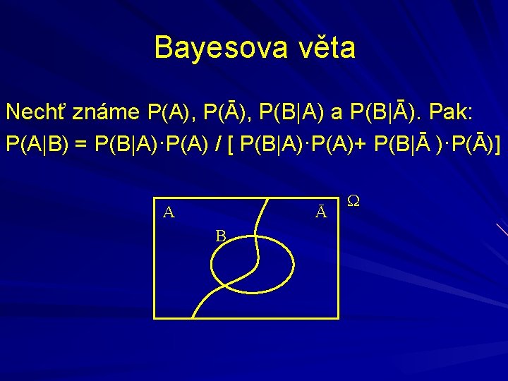 Bayesova věta Nechť známe P(A), P(Ā), P(B|A) a P(B|Ā). Pak: P(A|B) = P(B|A)·P(A) /