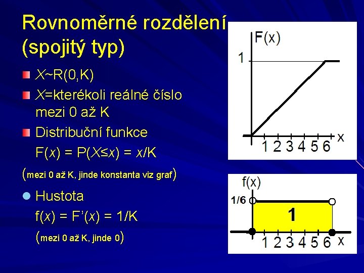 Rovnoměrné rozdělení (spojitý typ) X~R(0, K) X=kterékoli reálné číslo mezi 0 až K Distribuční