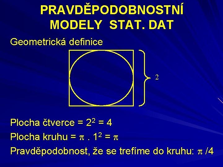 PRAVDĚPODOBNOSTNÍ MODELY STAT. DAT Geometrická definice 2 Plocha čtverce = 22 = 4 Plocha