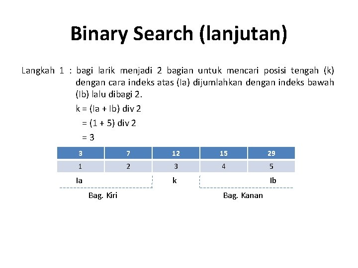 Binary Search (lanjutan) Langkah 1 : bagi larik menjadi 2 bagian untuk mencari posisi