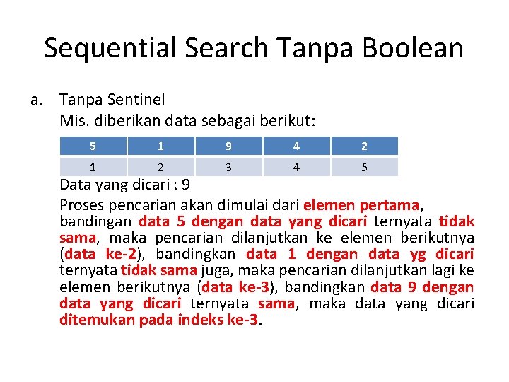 Sequential Search Tanpa Boolean a. Tanpa Sentinel Mis. diberikan data sebagai berikut: 5 1