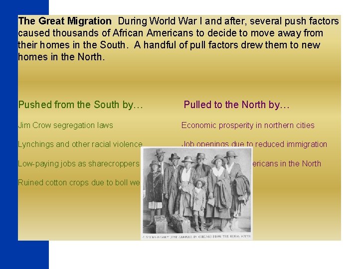 The Great Migration During World War I and after, several push factors caused thousands