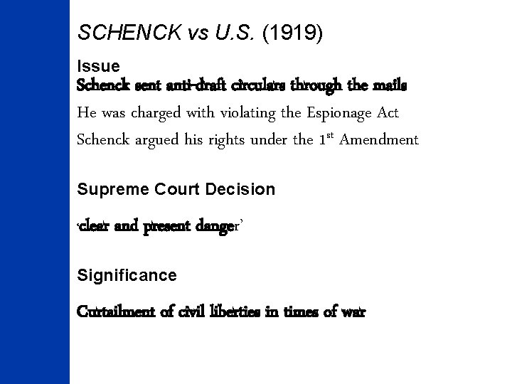 SCHENCK vs U. S. (1919) Issue Schenck sent anti-draft circulars through the mails He