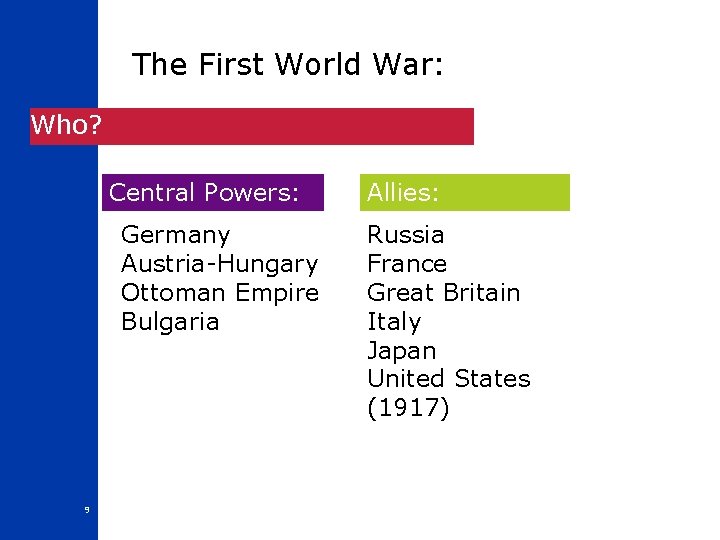 The First World War: Who? Central Powers: Germany Austria-Hungary Ottoman Empire Bulgaria 9 Allies: