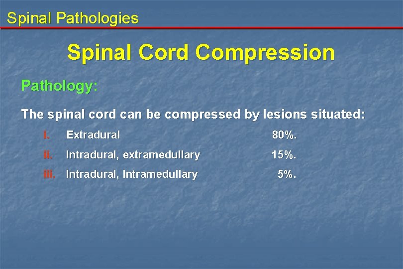 Spinal Pathologies Spinal Cord Compression Pathology: The spinal cord can be compressed by lesions