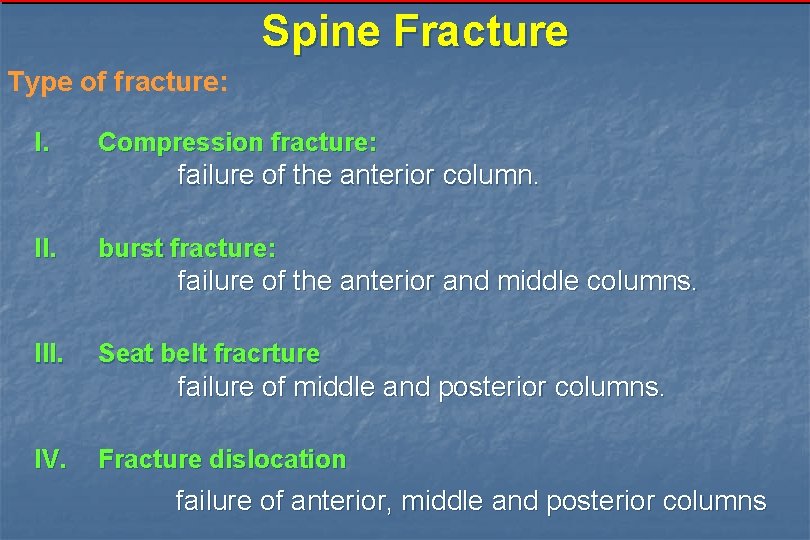 Spine Fracture Type of fracture: I. Compression fracture: failure of the anterior column. II.