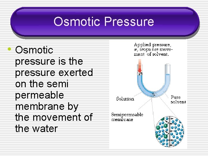 Osmotic Pressure • Osmotic pressure is the pressure exerted on the semi permeable membrane