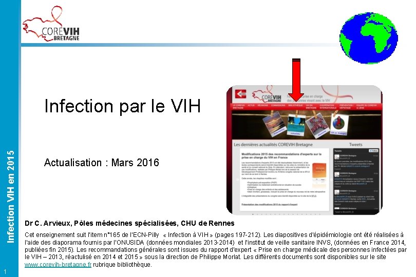 Infection VIH en 2015 Infection par le VIH 1 Actualisation : Mars 2016 Dr