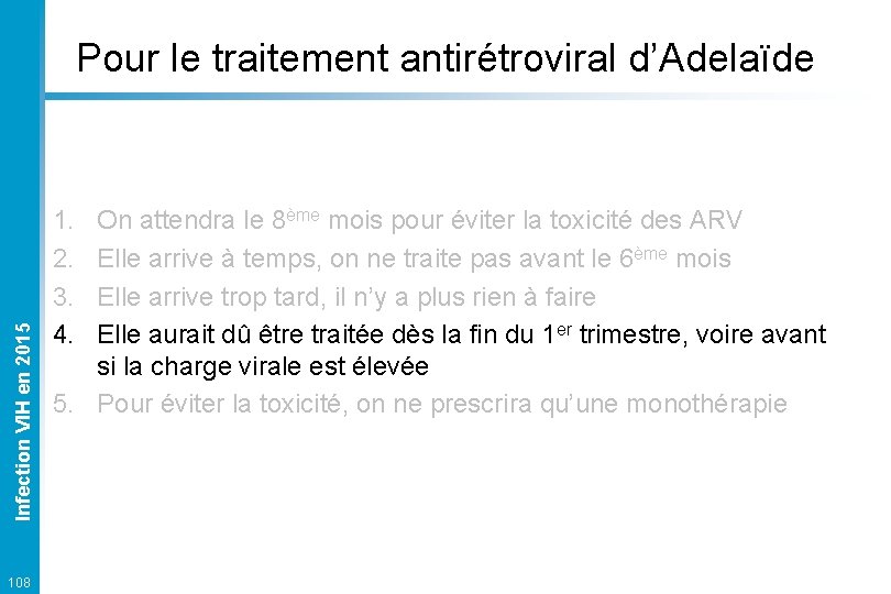 Infection VIH en 2015 Pour le traitement antirétroviral d’Adelaïde 108 1. 2. 3. 4.