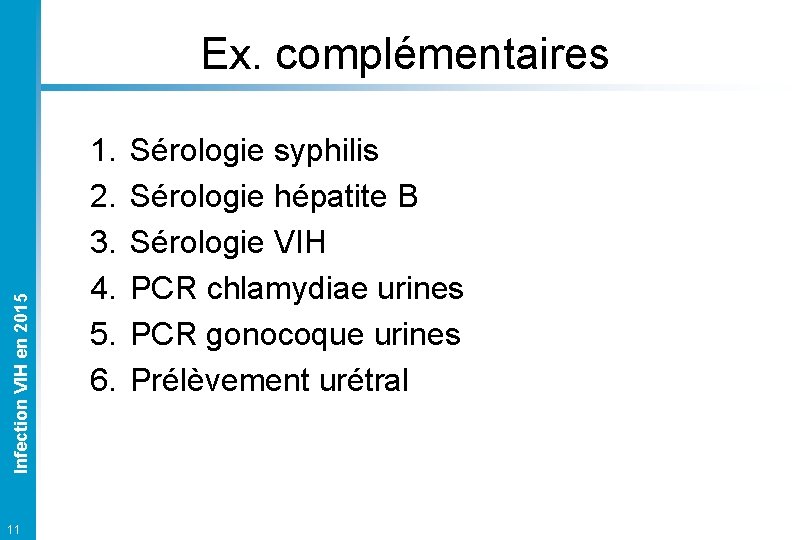 Infection VIH en 2015 Ex. complémentaires 11 1. 2. 3. 4. 5. 6. Sérologie