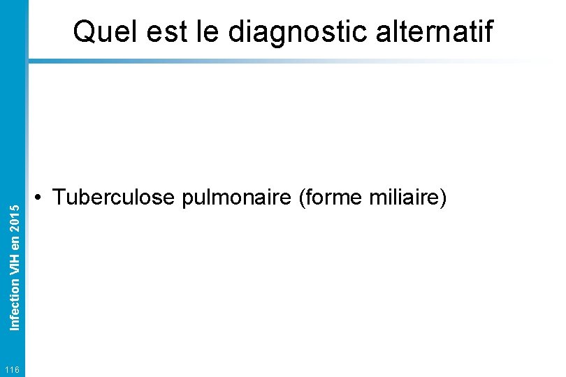 Infection VIH en 2015 Quel est le diagnostic alternatif 116 • Tuberculose pulmonaire (forme