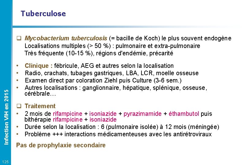 Tuberculose Infection VIH en 2015 q Mycobacterium tuberculosis (= bacille de Koch) le plus