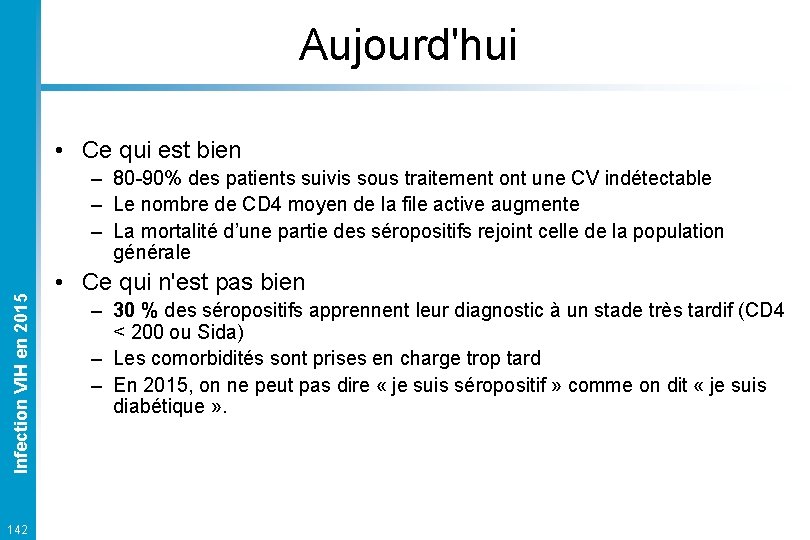Aujourd'hui • Ce qui est bien Infection VIH en 2015 – 80 -90% des