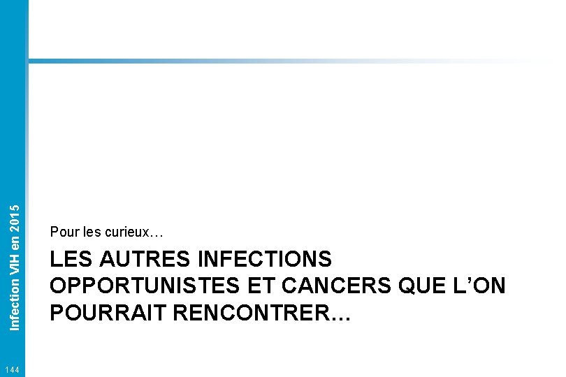 Infection VIH en 2015 144 Pour les curieux… LES AUTRES INFECTIONS OPPORTUNISTES ET CANCERS