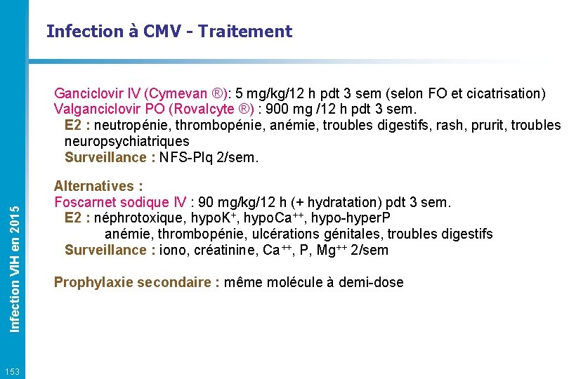 Infection à CMV - Traitement Infection VIH en 2015 Ganciclovir IV (Cymevan ®): 5