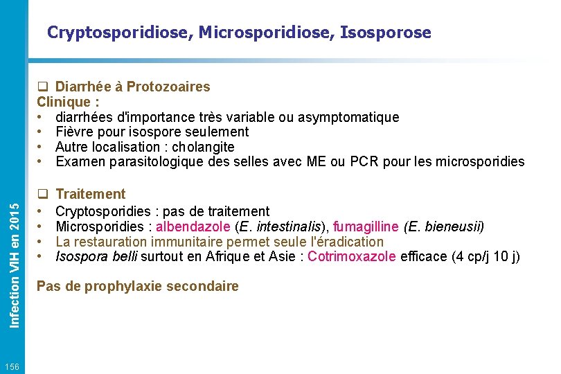 Cryptosporidiose, Microsporidiose, Isosporose Infection VIH en 2015 q Diarrhée à Protozoaires Clinique : •