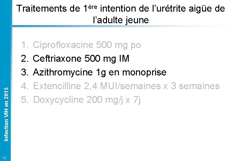 Infection VIH en 2015 Traitements de 1ère intention de l’urétrite aigüe de l’adulte jeune