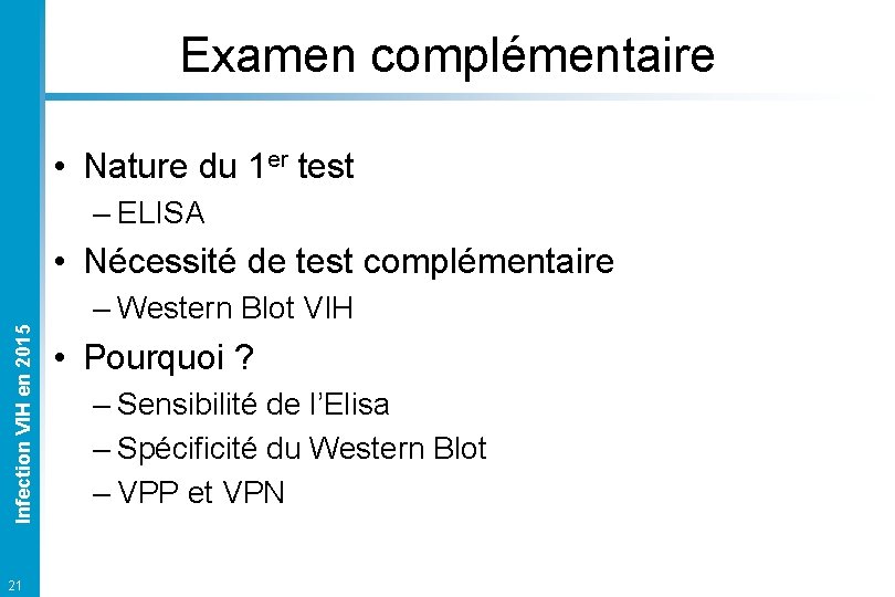 Examen complémentaire • Nature du 1 er test – ELISA Infection VIH en 2015