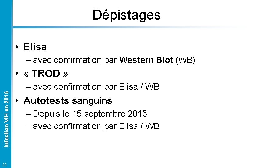 Dépistages • Elisa – avec confirmation par Western Blot (WB) Infection VIH en 2015