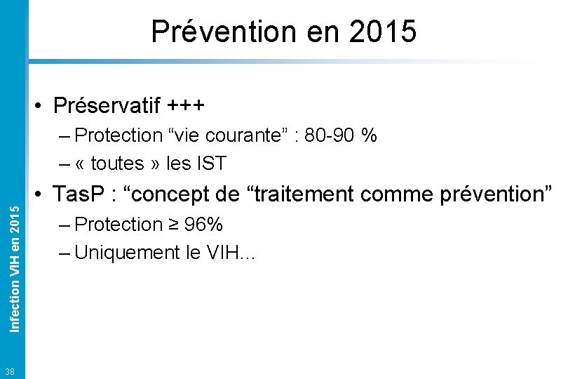 Prévention en 2015 • Préservatif +++ Infection VIH en 2015 – Protection “vie courante”
