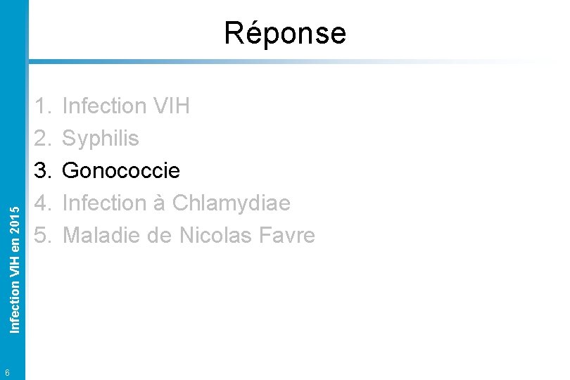 Infection VIH en 2015 Réponse 6 1. 2. 3. 4. 5. Infection VIH Syphilis