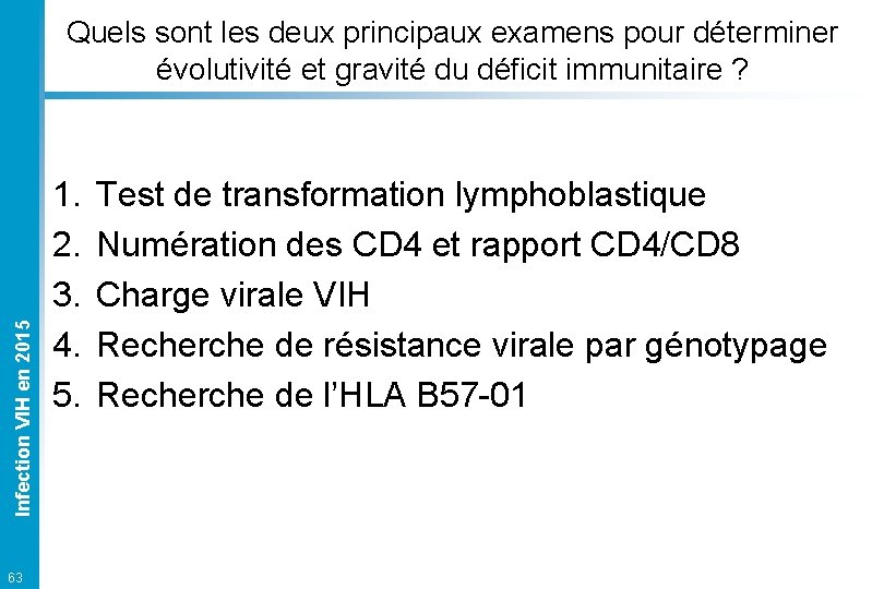 Infection VIH en 2015 Quels sont les deux principaux examens pour déterminer évolutivité et