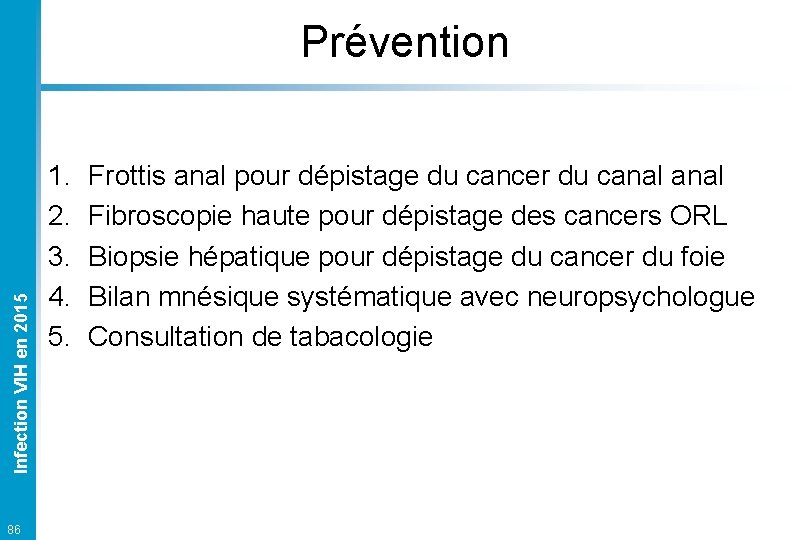 Infection VIH en 2015 Prévention 86 1. 2. 3. 4. 5. Frottis anal pour