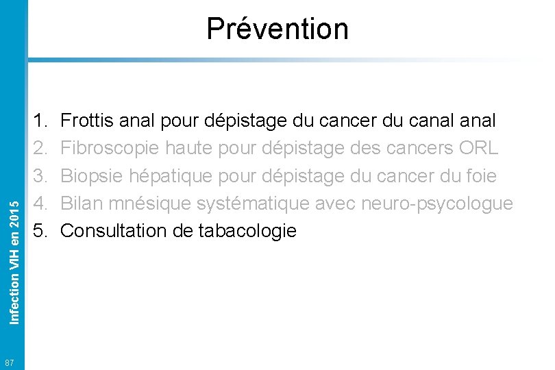 Infection VIH en 2015 Prévention 87 1. 2. 3. 4. 5. Frottis anal pour