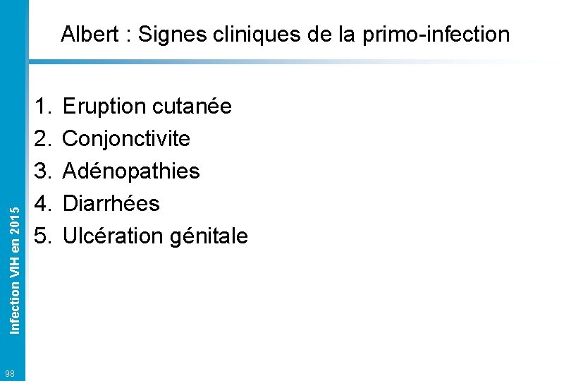 Infection VIH en 2015 Albert : Signes cliniques de la primo-infection 98 1. 2.