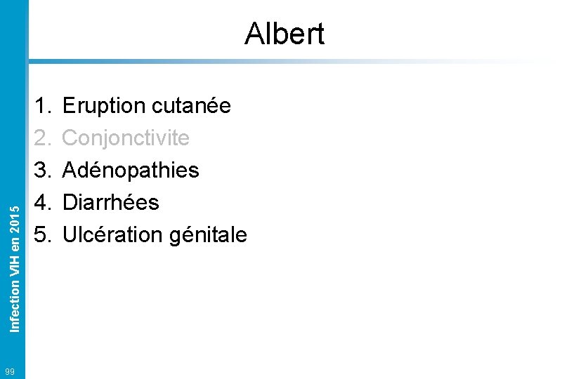 Infection VIH en 2015 Albert 99 1. 2. 3. 4. 5. Eruption cutanée Conjonctivite