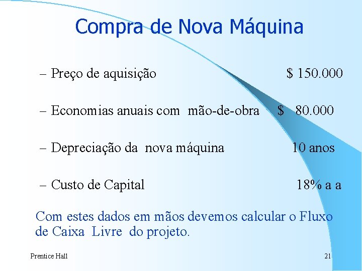 Compra de Nova Máquina – Preço de aquisição – Economias anuais com mão-de-obra – Compra de Nova Máquina – Preço de aquisição – Economias anuais com mão-de-obra –