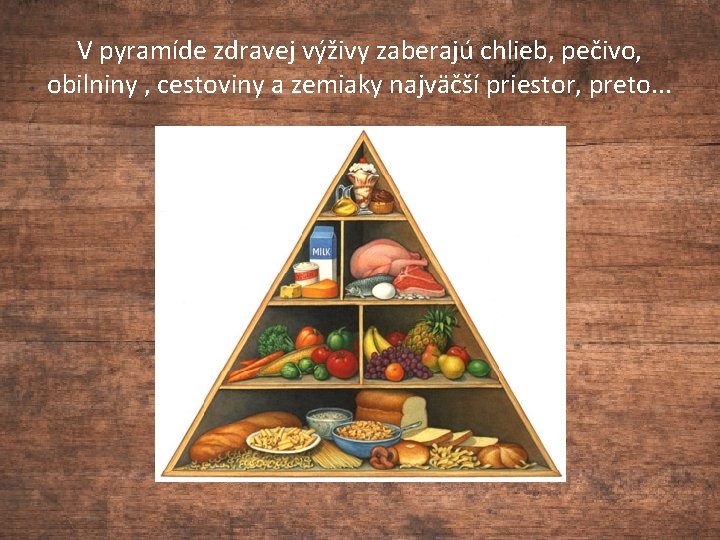 V pyramíde zdravej výživy zaberajú chlieb, pečivo, obilniny , cestoviny a zemiaky najväčší priestor,