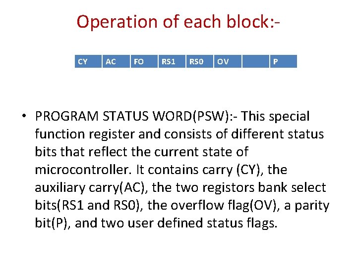 Operation of each block: CY AC FO RS 1 RS 0 OV P •