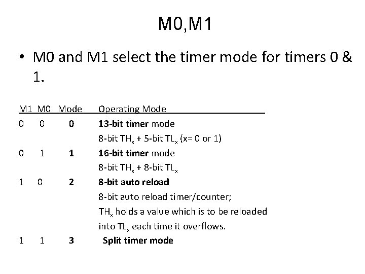 M 0, M 1 • M 0 and M 1 select the timer mode