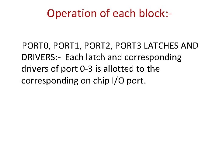Operation of each block: PORT 0, PORT 1, PORT 2, PORT 3 LATCHES AND
