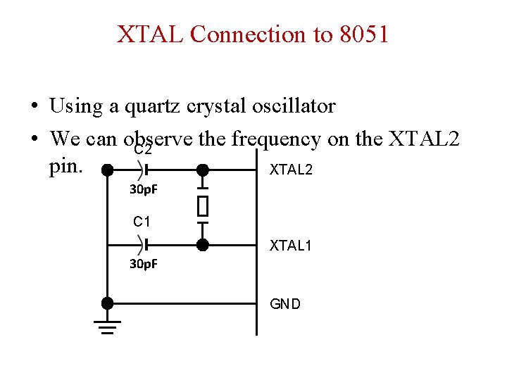 XTAL Connection to 8051 • Using a quartz crystal oscillator • We can observe