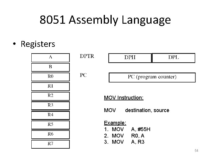 8051 Assembly Language • Registers MOV Instruction: MOV destination, source Example: 1. MOV A,